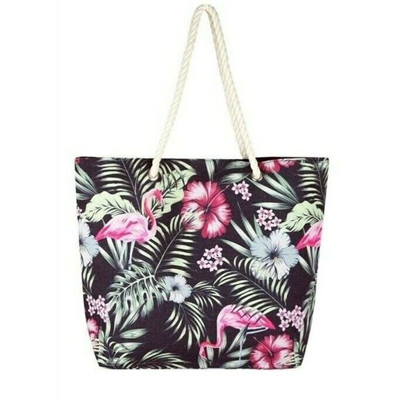 Flamingo Jumbo Tote Bag Tropical Floral Beach Rope Straps - Picture 1 of 7